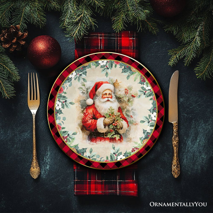 (Pre-Order) Holiday Cheer Set of 4 Plates with Real Gold Plaid Trim, Christmas Tableware Collection for Salad, Dessert, Appetizer, and Side Plates Plate Sets OrnamentallyYou