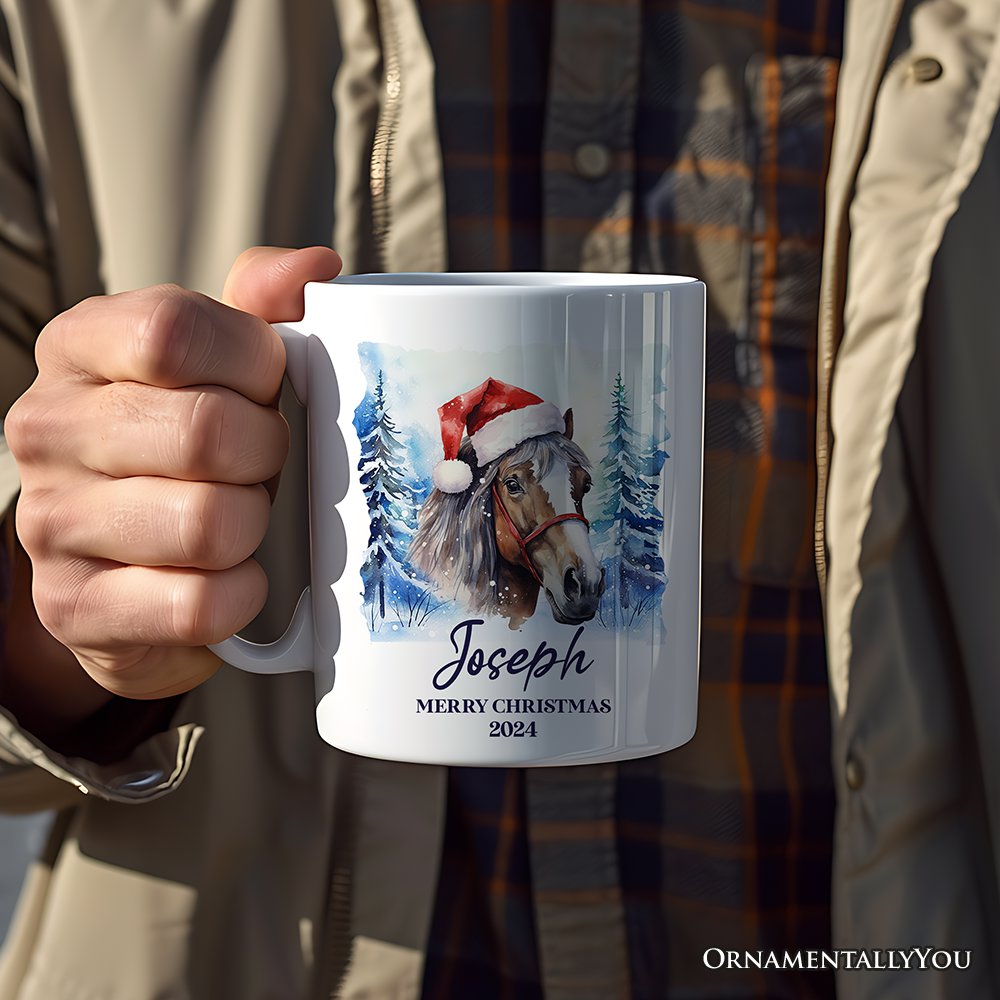 Horse with Santa Hat Personalized Mug, Winter Forest Christmas Gift With Custom Name and Date Personalized Ceramic Mug OrnamentallyYou