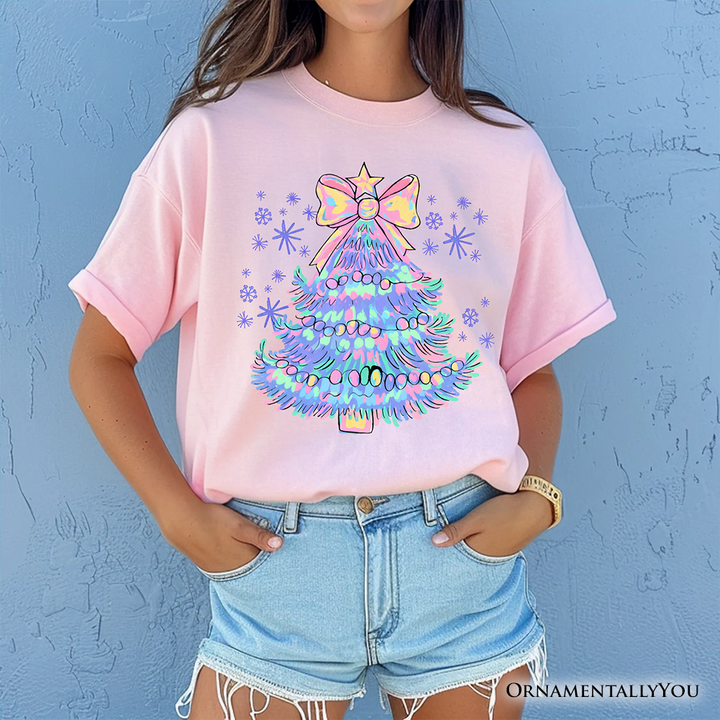 Light Blue Christmas Tree Bow T-Shirt, Coquette Colorful Holiday Tee