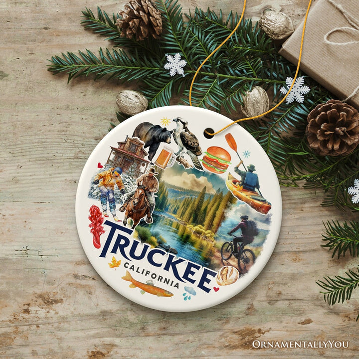 Lively Truckee Mountain Town Ornament, California River Charm and Outdoor Explorer Christmas Gift Ceramic Ornament OrnamentallyYou Circle Version 1