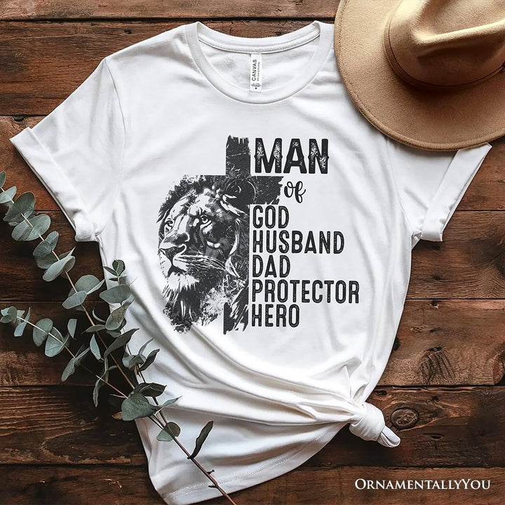 Man of God Lion Cross T-Shirt, White Tee for Faithful and Christian Fathers T-Shirts OrnamentallyYou White XS