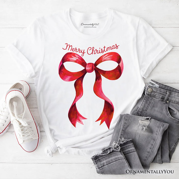 Merry Christmas Red Coquette Bow T‑Shirt, Minimalist Holiday Ribbon Tee for Festive Season T-Shirts OrnamentallyYou White XS