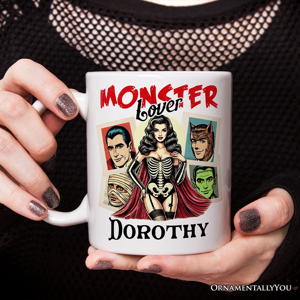 Monster Lover Personalized Halloween Mug, Retro Gift for Women with Custom Name Personalized Ceramic Mug OrnamentallyYou