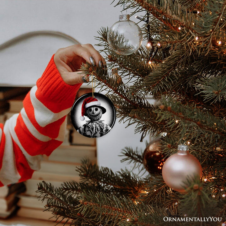 Nightmarish Scarecrow with Santa Hat Ornament, Gift For Unique Halloween Tree Christmas Decor Ceramic Ornament OrnamentallyYou