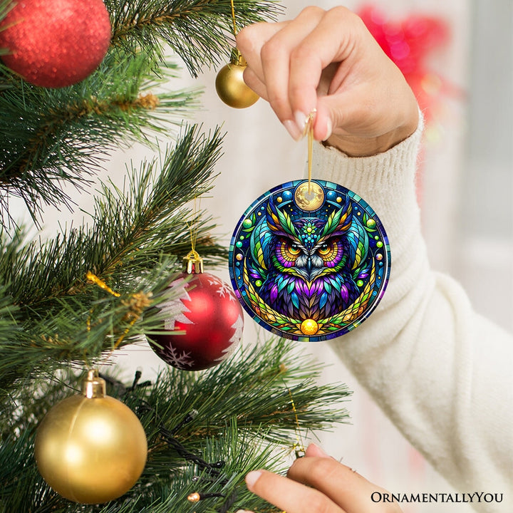 Nocturnal Enchanter Mysterious Owl Stained Glass Style Ceramic Ornament, Halloween Themed Christmas Gift and Decor Ceramic Ornament OrnamentallyYou