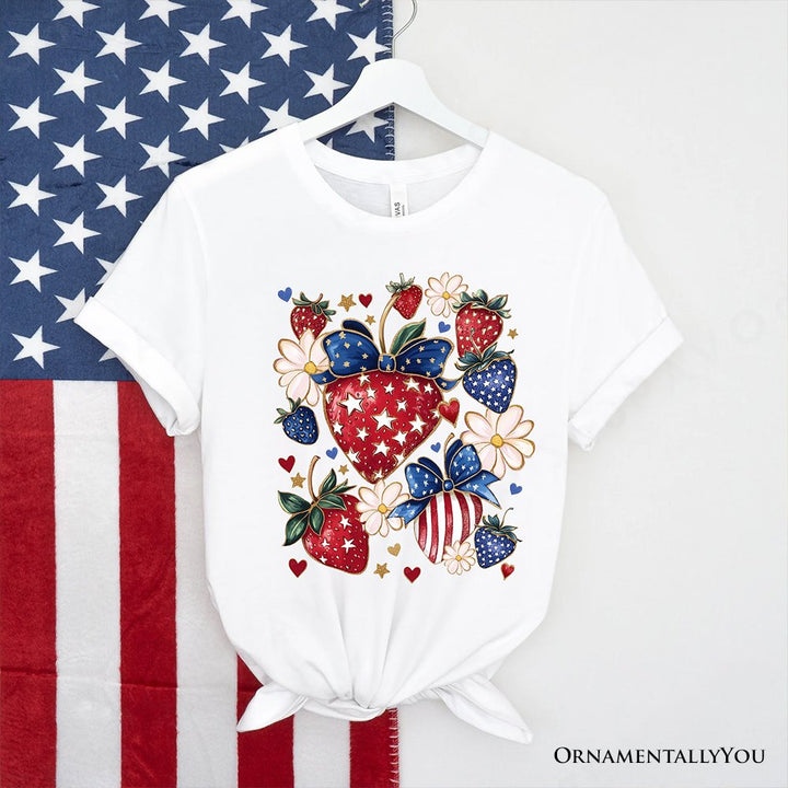 Patriotic Boho Strawberries Bouquet T-Shirt, 4th of July Festive Patch Tee T-Shirts OrnamentallyYou White XS