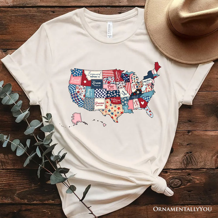 Patriotic Patchwork USA T-Shirt, Quilted Map Tee for Americana Fans T-Shirts OrnamentallyYou Natural XS