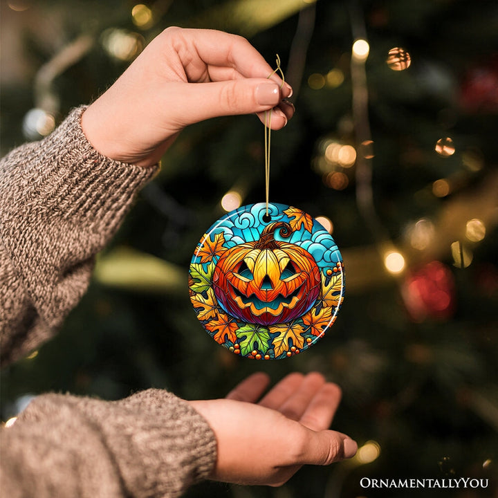 Pumpkin Spice and Crispy Leaves Stained Glass Style Ceramic Ornament, Halloween Themed Christmas Gift and Decor Ceramic Ornament OrnamentallyYou