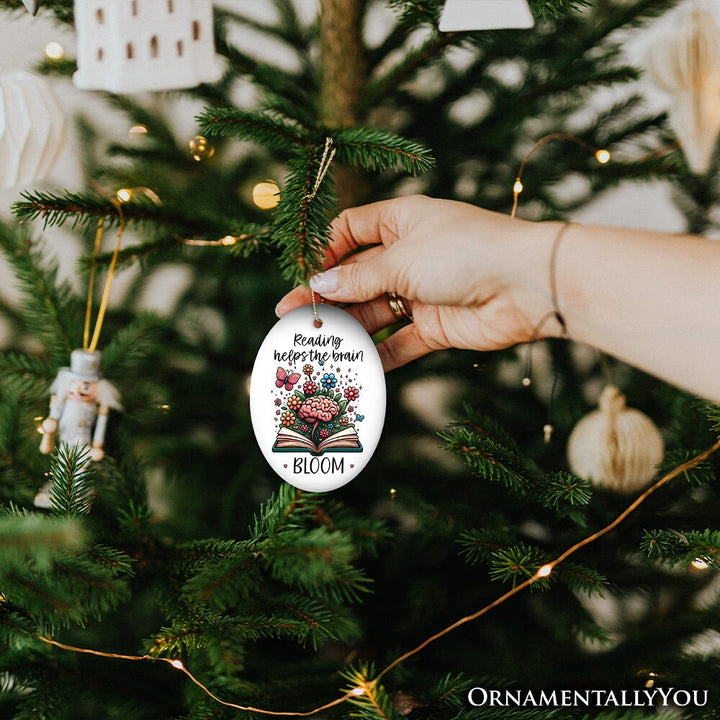 Reading Helps the Brain Bloom Unique Handcrafted Ornament, Booklover Gift with Flowers and Butterflies Art Ceramic Ornament OrnamentallyYou