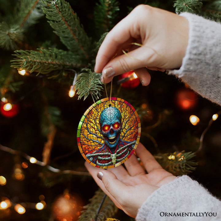 Red-Eyed Skeleton for Halloween Frights Stained Glass Style Ceramic Ornament, Halloween Themed Christmas Gift Ceramic Ornament OrnamentallyYou