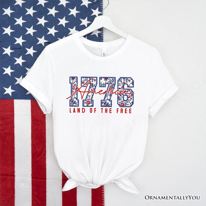 Retro America 1776 Floral T-Shirt, Land of the Free Patriotic Tee T-Shirts OrnamentallyYou White XS