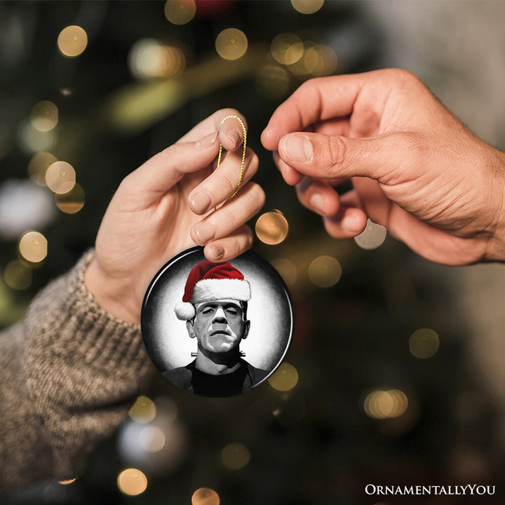 Retro Frankenstein with Santa Hat Ceramic Ornament, Creepy Holiday Gift And Decor Ceramic Ornament OrnamentallyYou