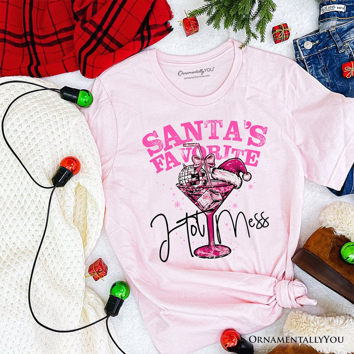 Santa’s Favorite Hot Mess T‑Shirt, Pink Martini Retro Disco Christmas Tee T-Shirts OrnamentallyYou Soft Pink XS