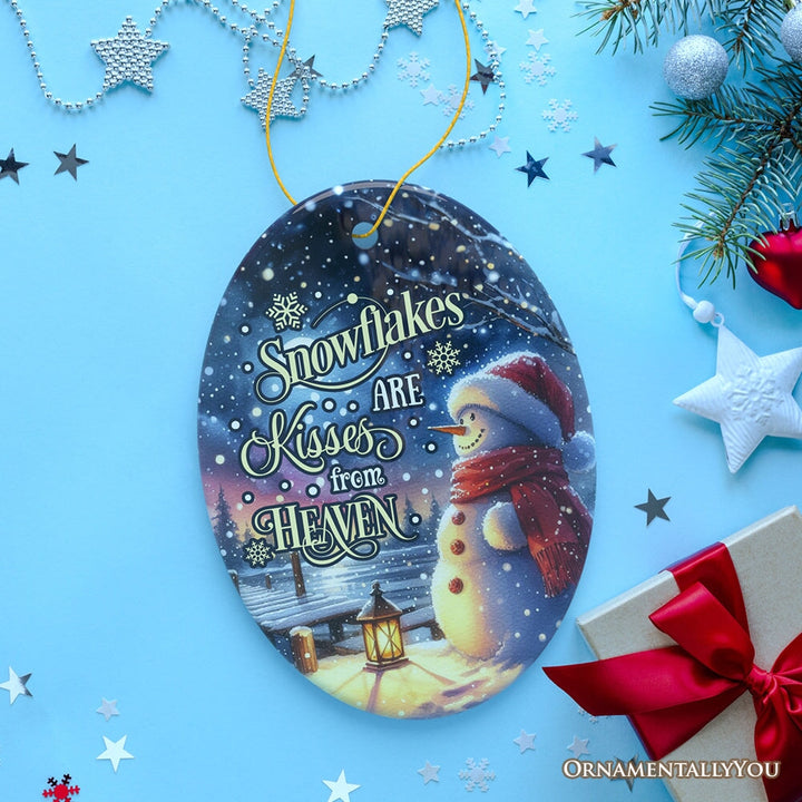 Snowflakes are Kisses from Heaven Quote Christmas Ornament, Snowman under the Twilight Sky Memorial Gift Ceramic Ornament OrnamentallyYou Oval