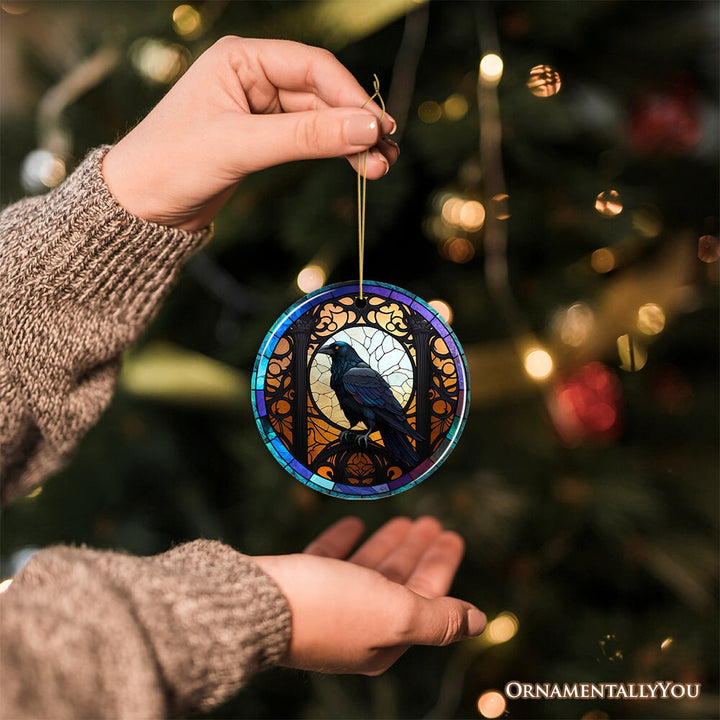 Stained Glass Creepy Dark Raven Ornament, Horror and Elegance Ceramic Ornament OrnamentallyYou