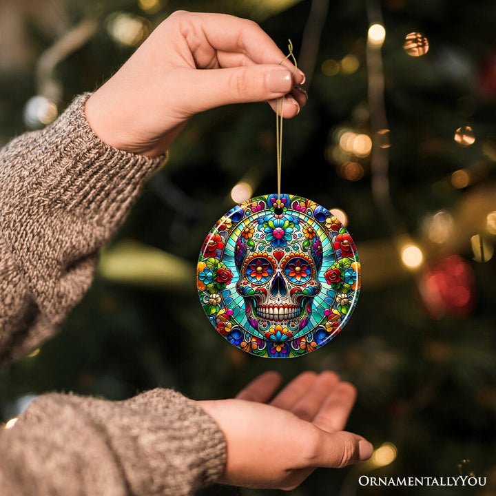 Sugar Skull Stained Glass Themed Ceramic Ornament, Day of the Dead Mexican Christmas Gift Ceramic Ornament OrnamentallyYou