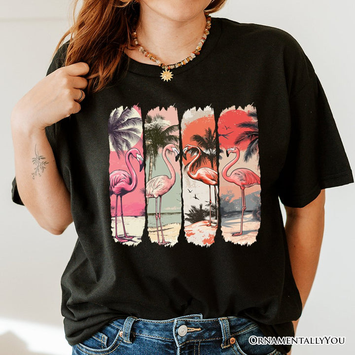 Summer Flamingo Beach T-Shirt, Retro Vacation Black Tropical Sunset Tee T-Shirts OrnamentallyYou