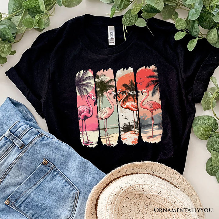 Summer Flamingo Beach T-Shirt, Retro Vacation Black Tropical Sunset Tee T-Shirts OrnamentallyYou Black XS
