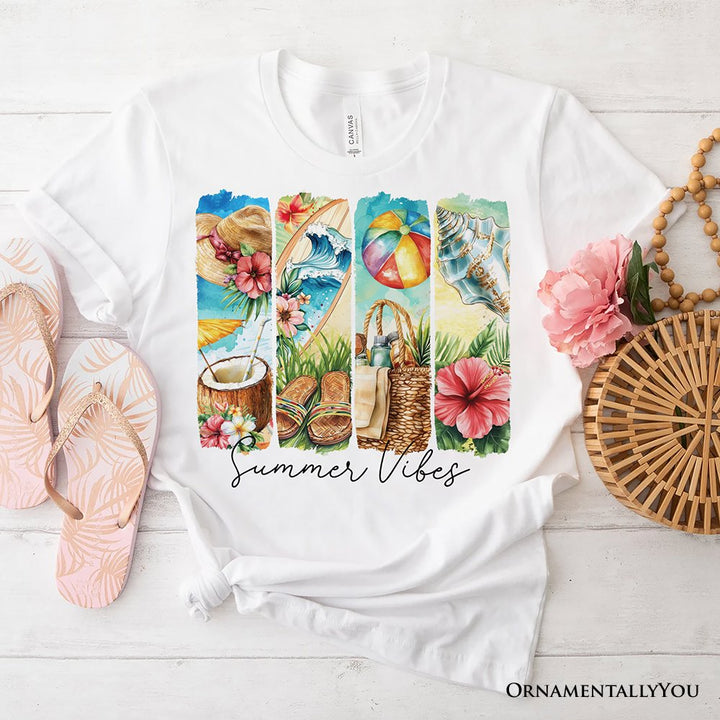 Summer Vibes T-Shirt, White and Natural Beach Tee with Coconut and Flowers T-Shirts OrnamentallyYou White XS