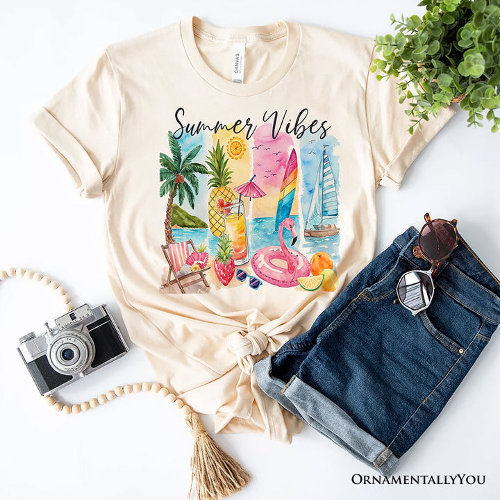 Summer Vibes T-Shirt, White and Natural Vacation Beach Tee T-Shirts OrnamentallyYou Natural XS