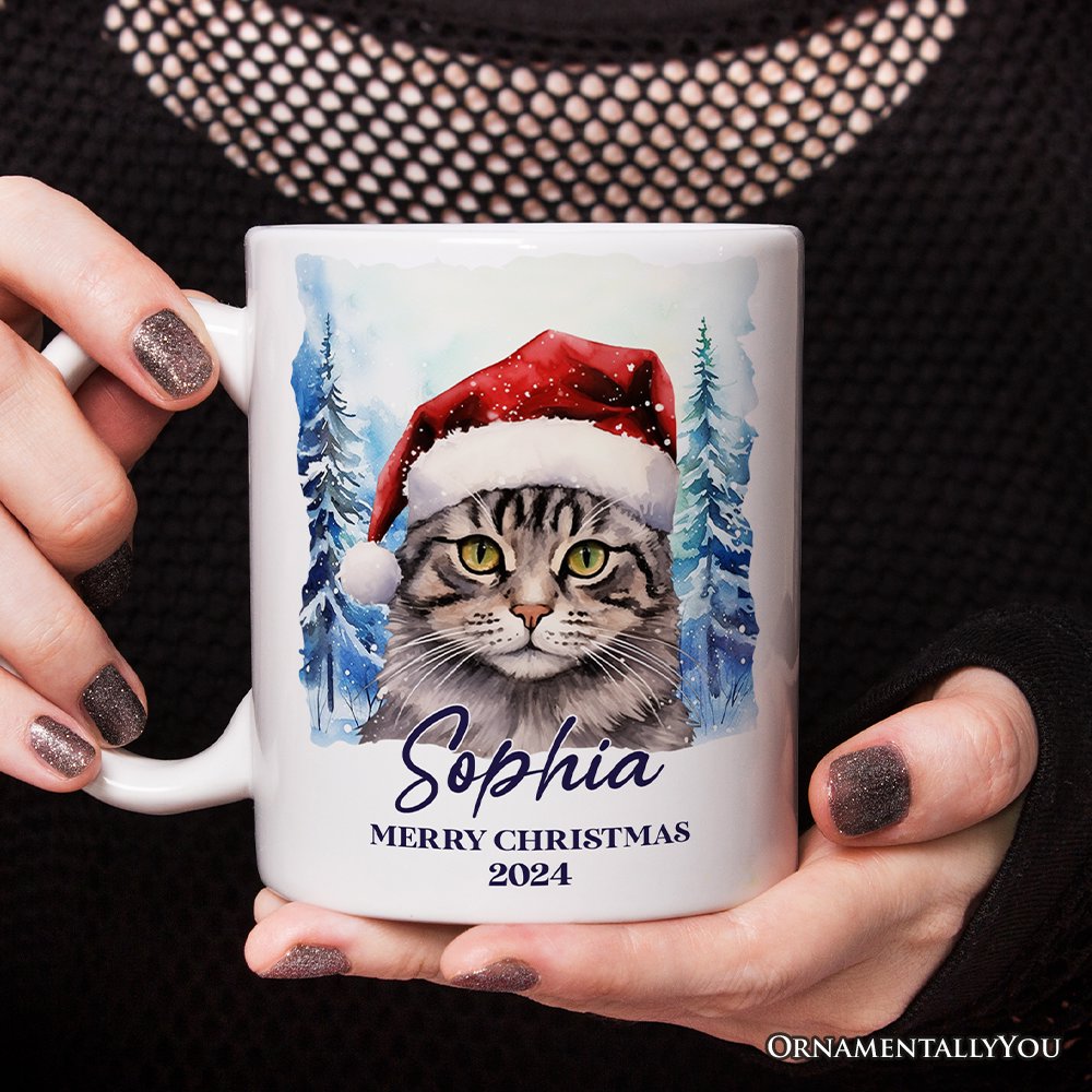 Tabby Cat with Santa Hat Personalized Mug, Winter Forest Christmas Gift With Custom Name and Date Personalized Ceramic Mug OrnamentallyYou