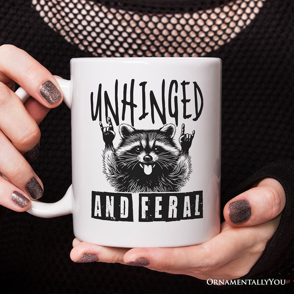 Unhinged and Feral Personalized Mug, Funny Raccoon Rock Hands Gift with Custom Name Personalized Ceramic Mug OrnamentallyYou 12oz Mug Non-Custom