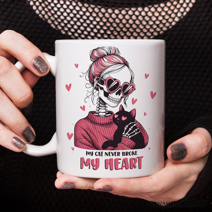 Valentine Day Girl Skeleton Personalized Mug, My Cat Never Broke My Heart Funny Gift With Custom Name Personalized Ceramic Mug OrnamentallyYou 12oz Mug Non-Custom