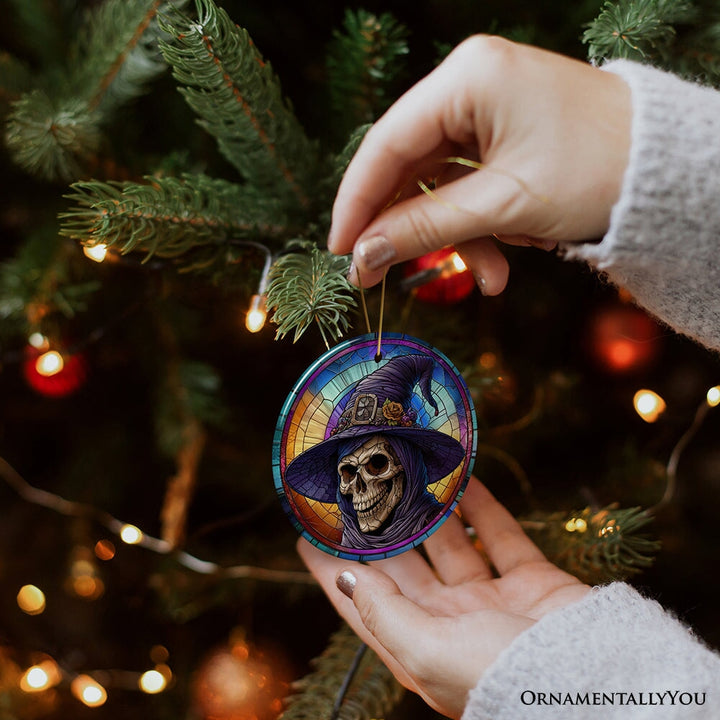 Witchy Grin Skull with Hat and Scarf Stained Glass Style Ceramic Ornament, Halloween Themed Christmas Gift and Decor Ceramic Ornament OrnamentallyYou