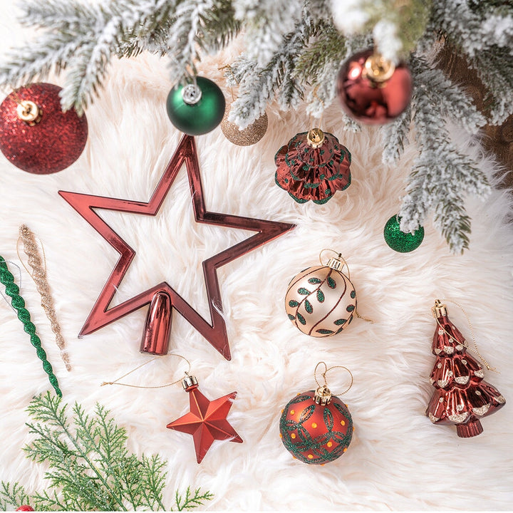 Alluring Large Christmas Ornament Set, Unique Red Green and Gold Baubles, 92 Charms and Snow Covered Trees with Dark Red Tree Topper Ornament Bundle OrnamentallyYou