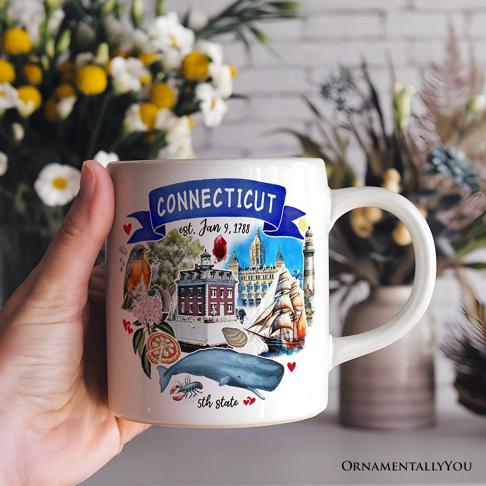 Artistic Connecticut State Themes and Landmarks Personalized Mug With Custom Name Personalized Ceramic Mug OrnamentallyYou