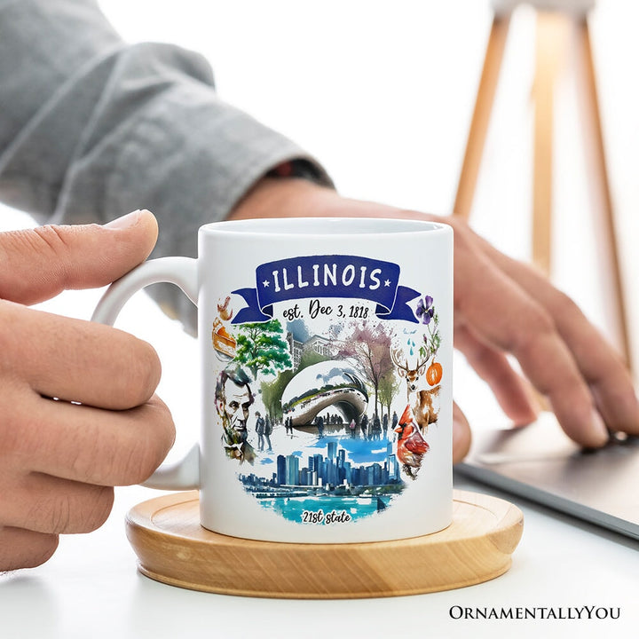 Artistic Illinois State Themes and Landmarks Personalized Mug With Custom Name Personalized Ceramic Mug OrnamentallyYou