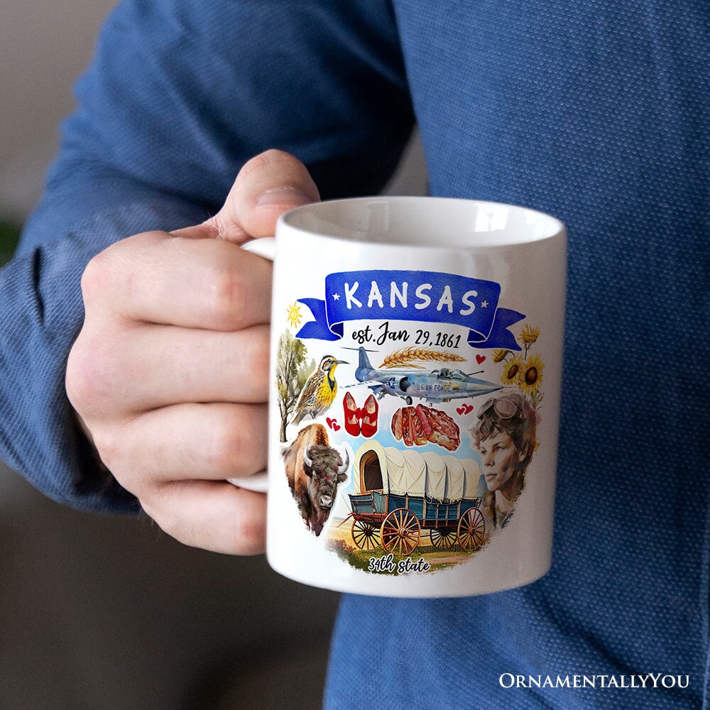 Artistic Kansas State Themes and Landmarks Personalized Mug With Custom Name Personalized Ceramic Mug OrnamentallyYou