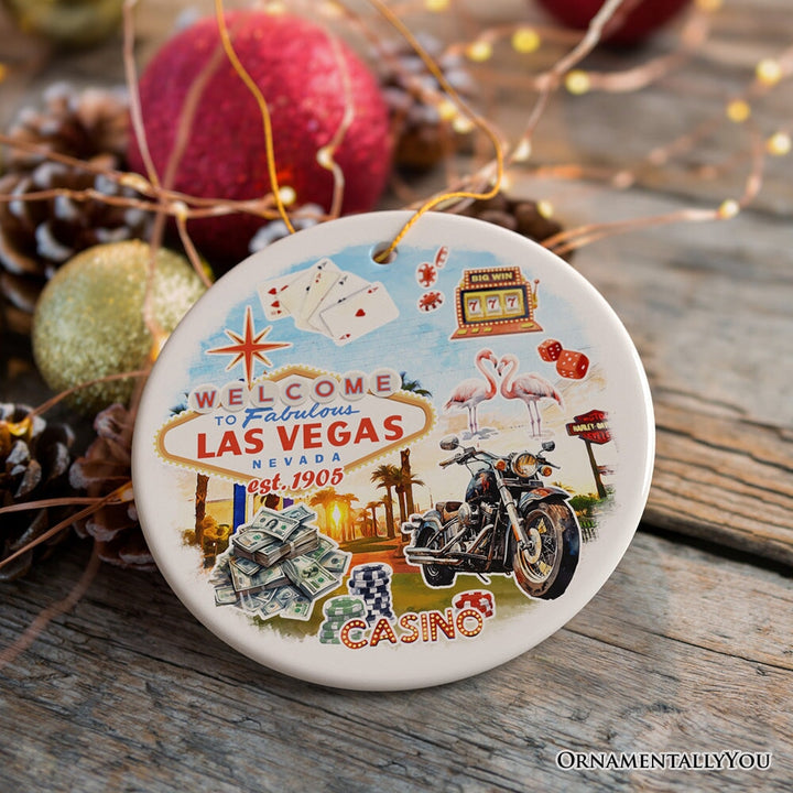 Artistic Las Vegas Collage Art Ceramic Ornament, Slot Machines Cards and Casino Travel Souvenir Ceramic Ornament OrnamentallyYou