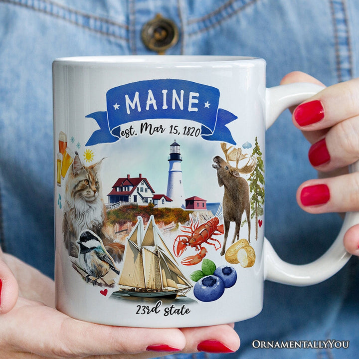 Artistic Maine State Themes and Landmarks Personalized Mug With Custom Name Personalized Ceramic Mug OrnamentallyYou 12oz Mug Non-Custom