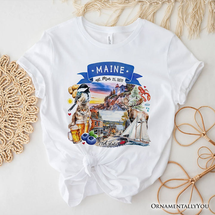 Artistic Maine State Themes and Landmarks T-Shirt, Tee for History and Travel Lovers T-Shirts OrnamentallyYou White XS