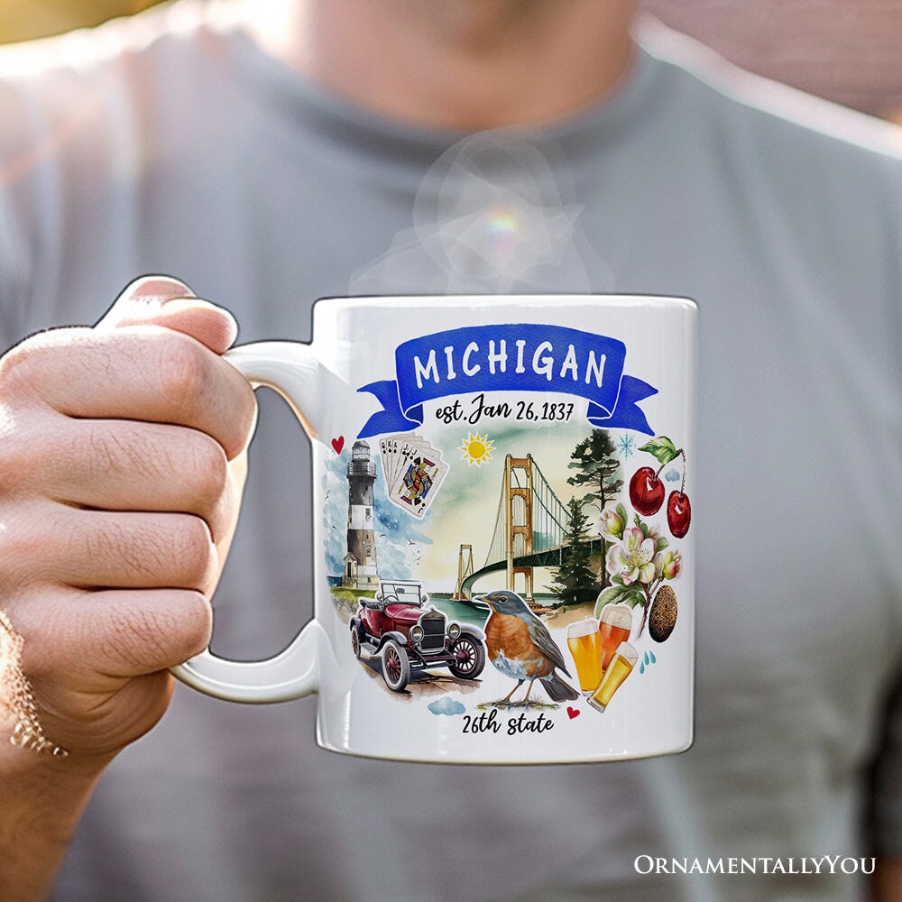 Artistic Michigan State Themes and Landmarks Personalized Mug With Custom Name Personalized Ceramic Mug OrnamentallyYou