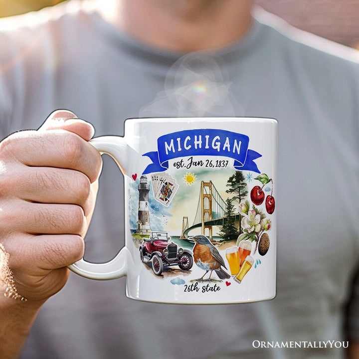 Artistic Michigan State Themes and Landmarks Personalized Mug With Custom Name Personalized Ceramic Mug OrnamentallyYou