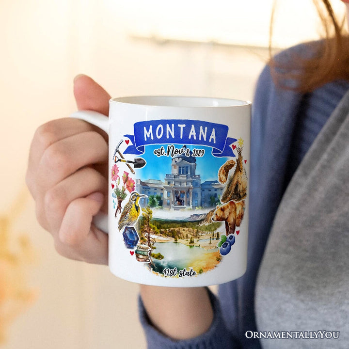 Artistic Montana State Themes and Landmarks Personalized Mug With Custom Name Personalized Ceramic Mug OrnamentallyYou