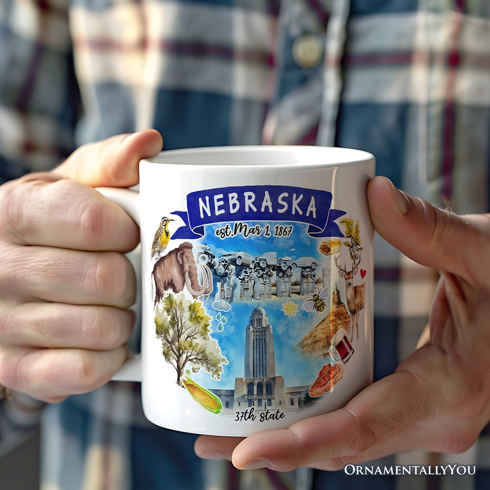 Artistic Nebraska State Themes and Landmarks Personalized Mug With Custom Name Personalized Ceramic Mug OrnamentallyYou