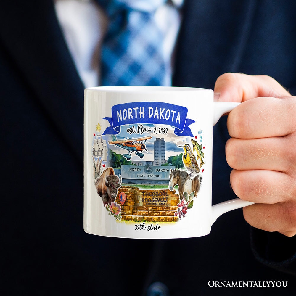 Artistic North Dakota State Themes and Landmarks Personalized Mug With Custom Name Personalized Ceramic Mug OrnamentallyYou