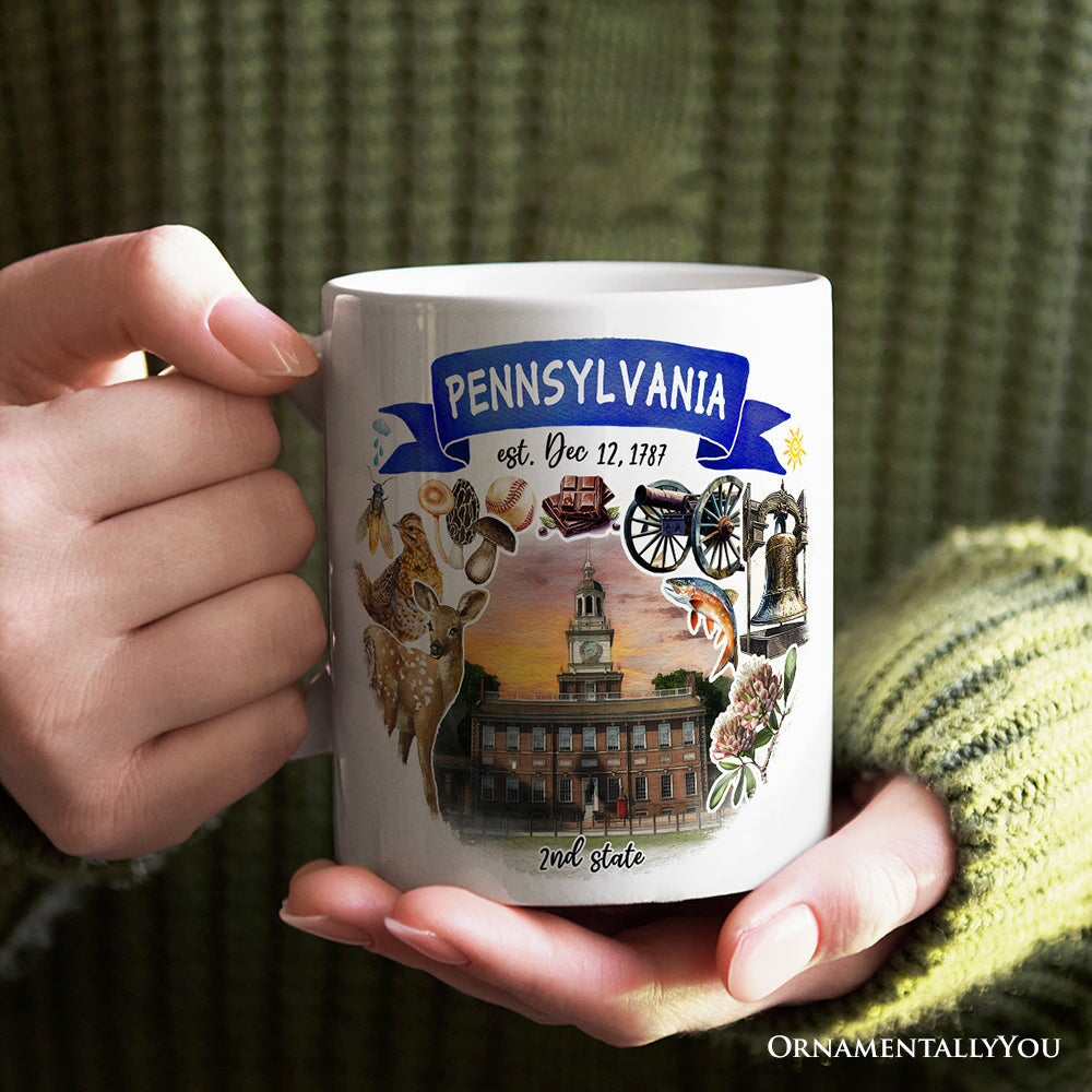 Artistic Pennsylvania State Themes and Landmarks Personalized Mug With Custom Name Personalized Ceramic Mug OrnamentallyYou
