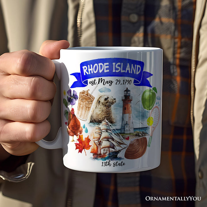 Artistic Rhode Island State Themes and Landmarks Personalized Mug With Custom Name Personalized Ceramic Mug OrnamentallyYou