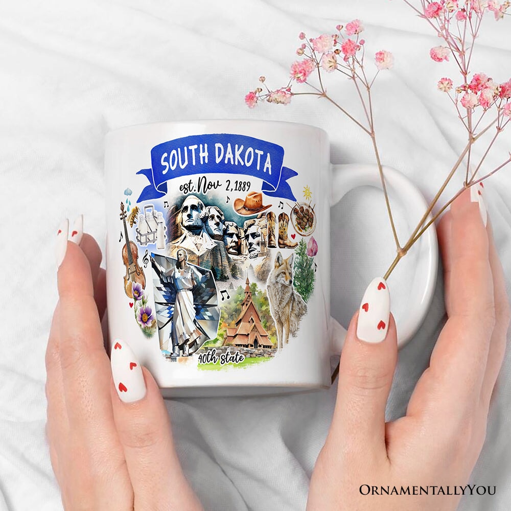 Artistic South Dakota State Themes and Landmarks Personalized Mug With Custom Name Personalized Ceramic Mug OrnamentallyYou