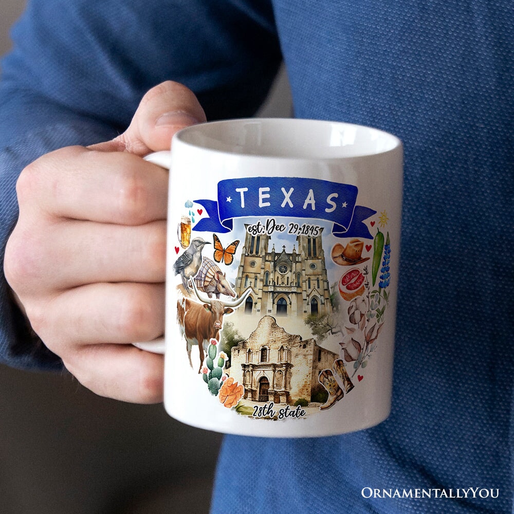 Artistic Texas State Themes and Landmarks Personalized Mug With Custom Name Personalized Ceramic Mug OrnamentallyYou