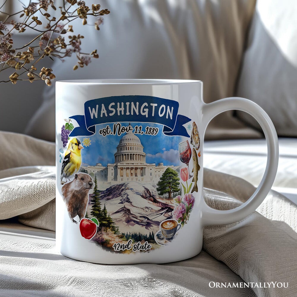 Artistic Washington State Themes and Landmarks Personalized Mug With Custom Name Personalized Ceramic Mug OrnamentallyYou
