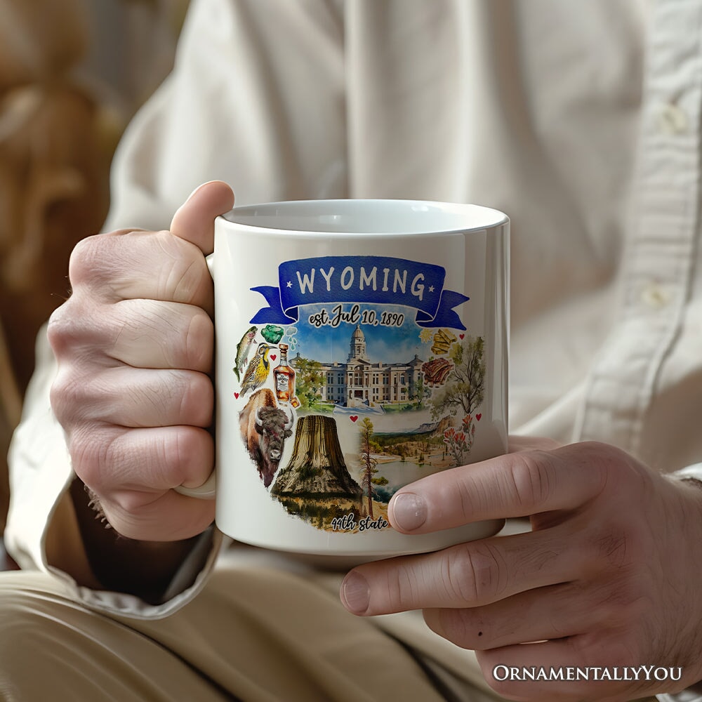 Artistic Wyoming State Themes and Landmarks Personalized Mug With Custom Name Personalized Ceramic Mug OrnamentallyYou