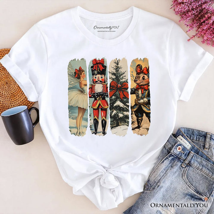 Ballet and Nutcracker Christmas T‑Shirt, Coquette Bow and Mouse Vintage Holiday Tee T-Shirts OrnamentallyYou White XS