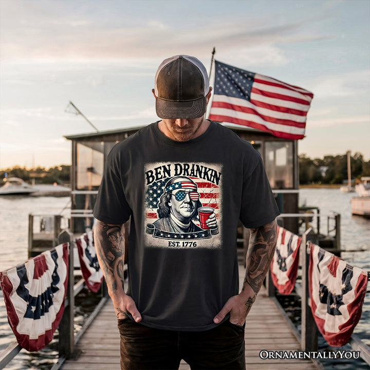 Ben Drankin Funny 4th of July T-Shirt, White, Navy and Black Patriotic Tee With Benjamin Franklin T-Shirts OrnamentallyYou