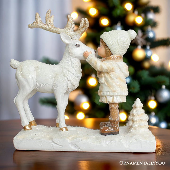 (Pre-Order) Charming Deer and Little Girl Figurine, 7.5" Vintage Christmas Garden Statue Resin Statues OrnamentallyYou