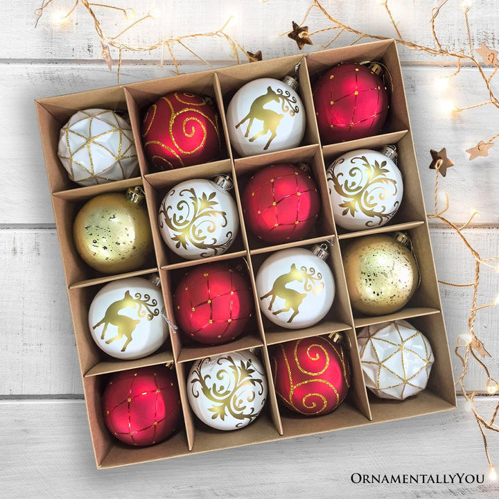 Charming Elegance Ornament Bundle 16 Piece Set, Red White and Gold with Glitter Premium Shatterproof Ornament Bundle OrnamentallyYou